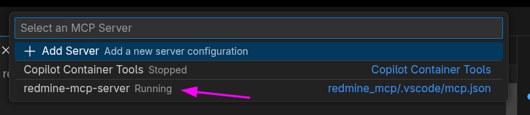 LLM tools view with Redmine MCP visible